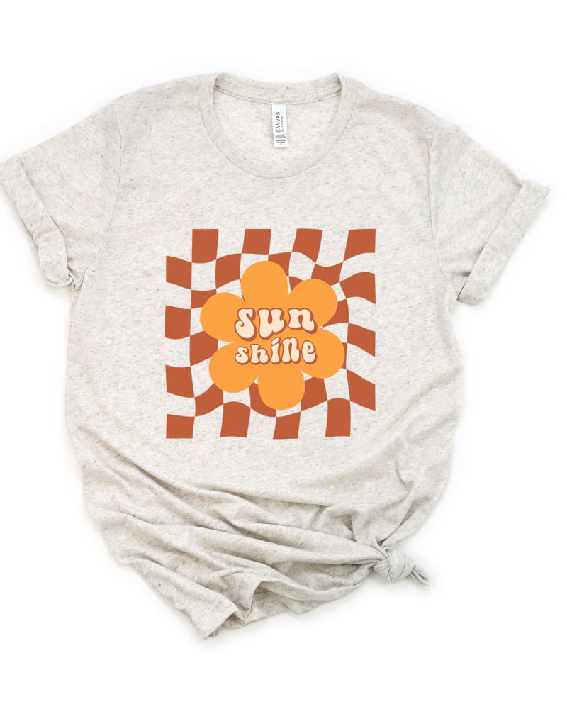 Front of a model wearing a size XL Sun Shine Checkered Short Sleeve Graphic Tee in Oatmeal by Simply Sage Market. | dia_product_style_image_id:301178